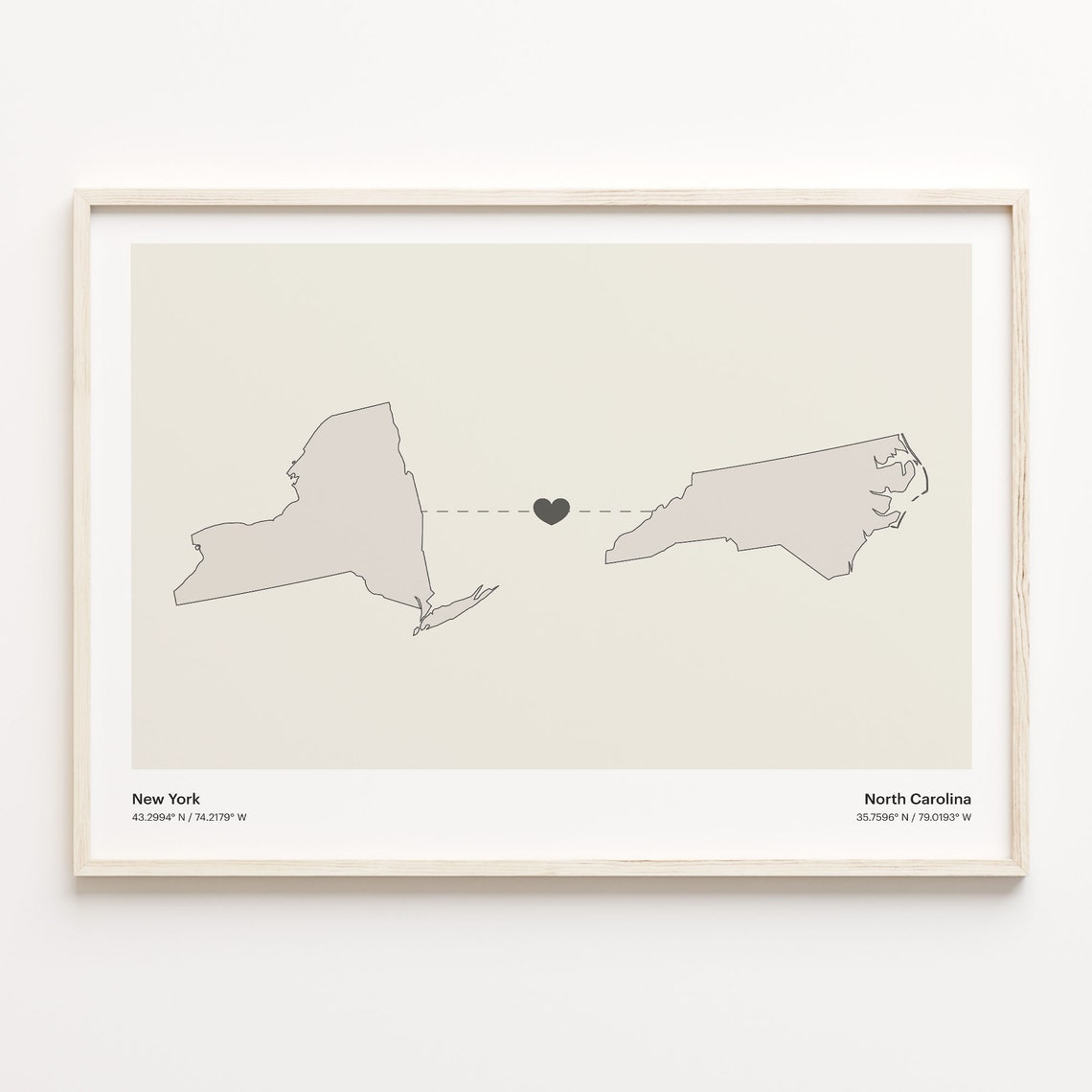 New York North Carolina Minimalist Long Distance Love Heart Map Poster
