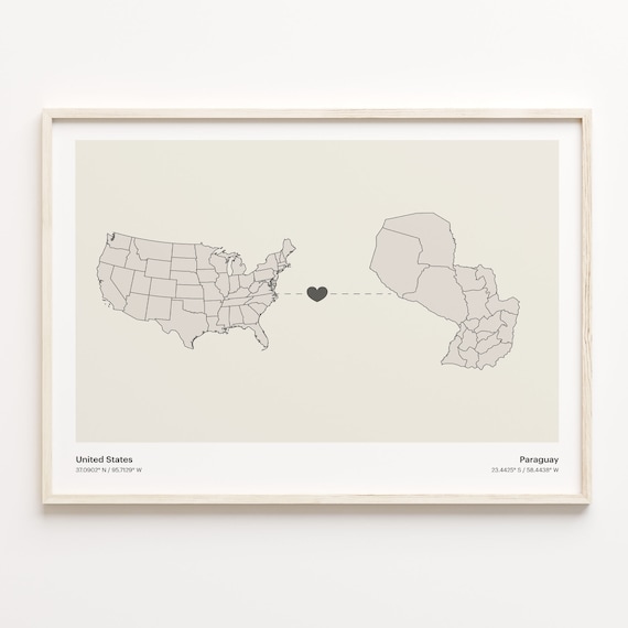 United States to Paraguay Minimalist Heart Map Connection Poster