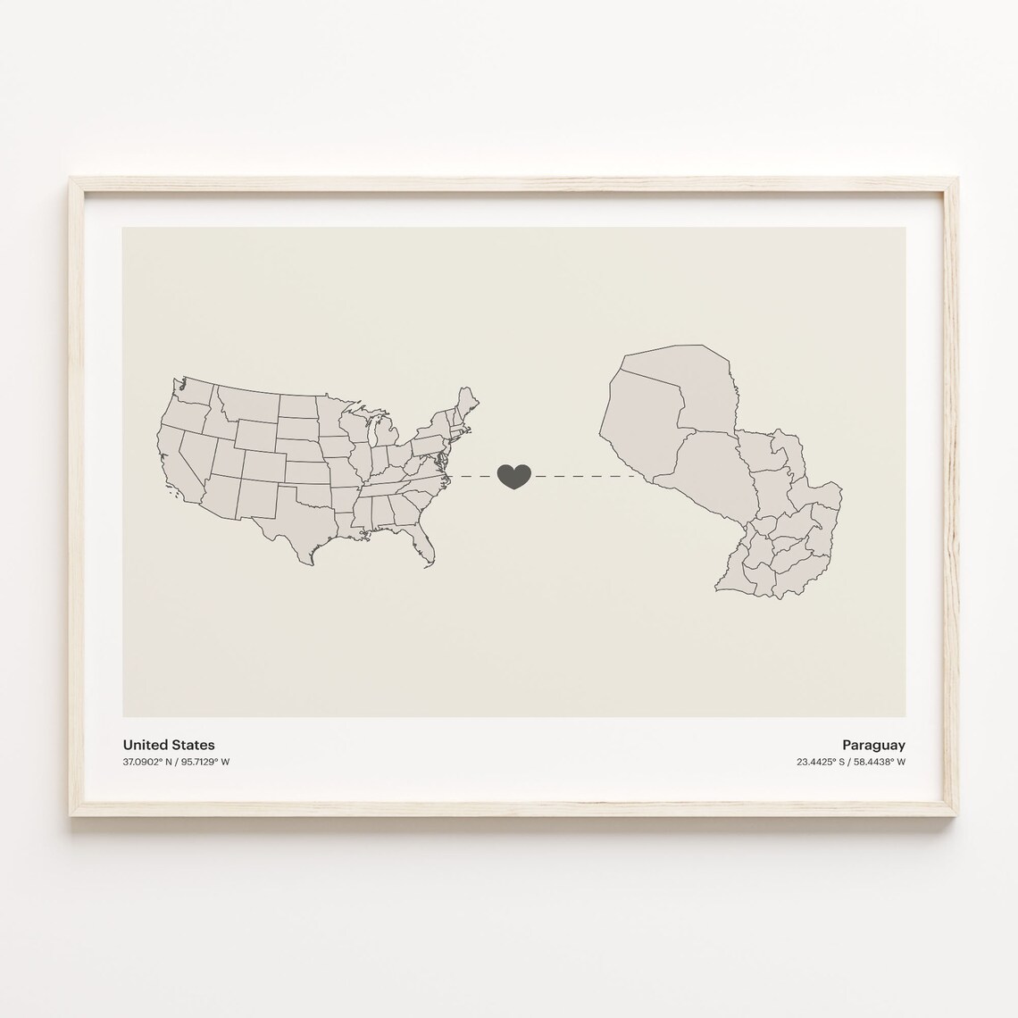 United States to Paraguay Minimalist Heart Map Connection Poster