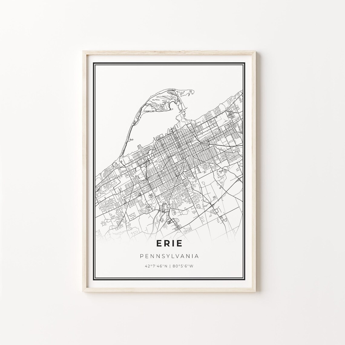 Erie Pennsylvania Black And White City Street Map Art Poster