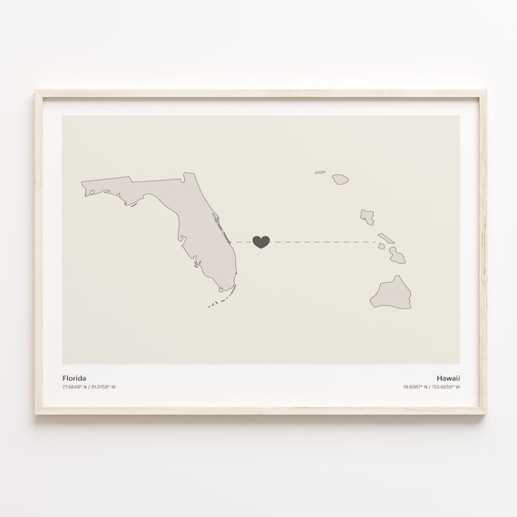 Florida to Hawaii Heartfelt Long Distance Connection Map Poster