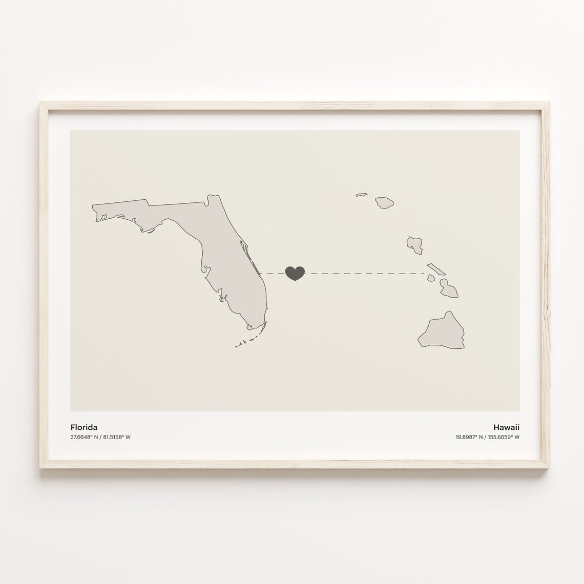 Florida to Hawaii Heartfelt Long Distance Connection Map Poster