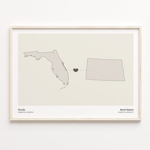 Florida North Dakota Beige Minimalist Heart Connection Map Poster