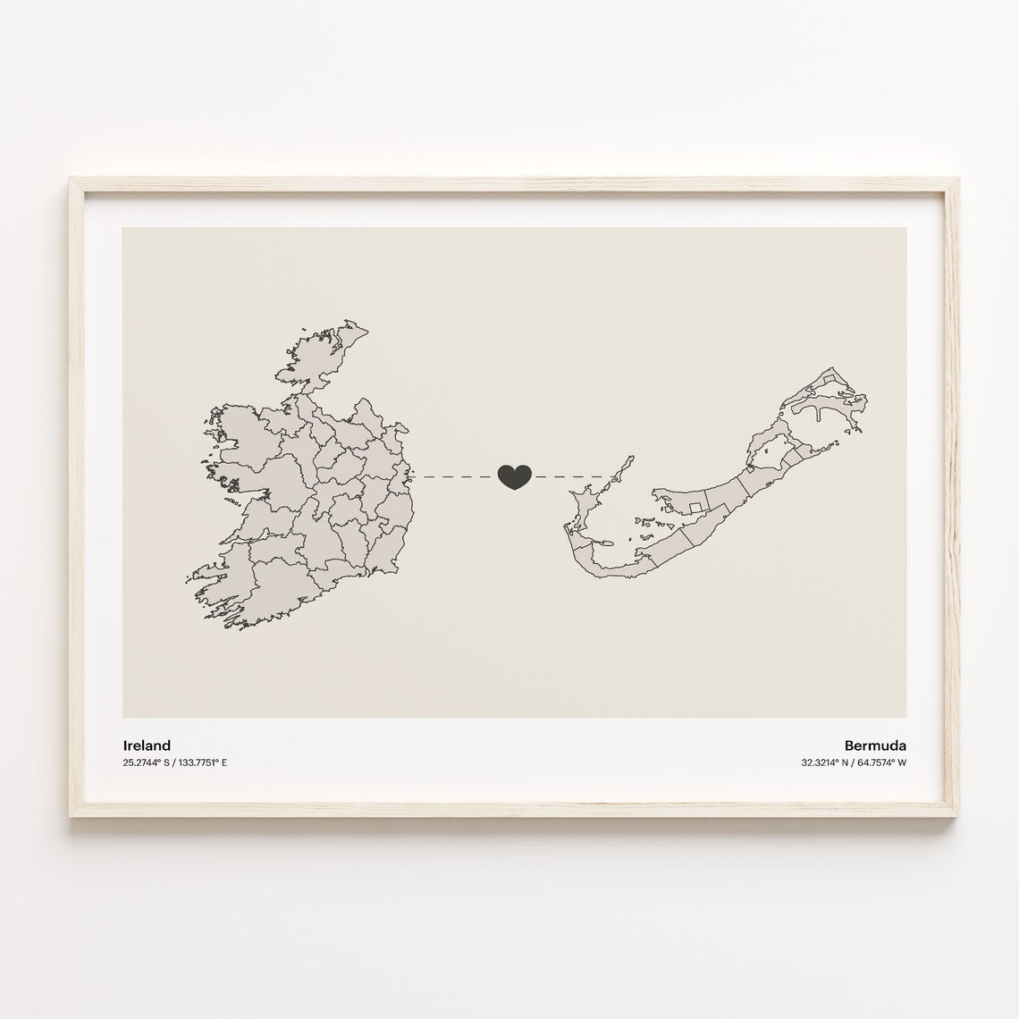 Ireland to Bermuda Minimalist Heart Connection Map Art Poster