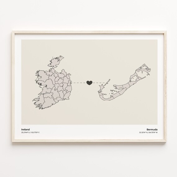 Ireland to Bermuda Minimalist Heart Connection Map Art Poster