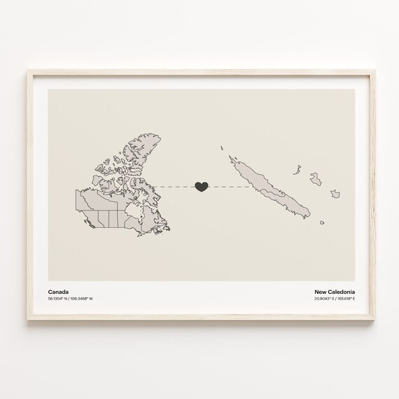 Canada To New Caledonia Heart Connection Minimalist Map Art Print