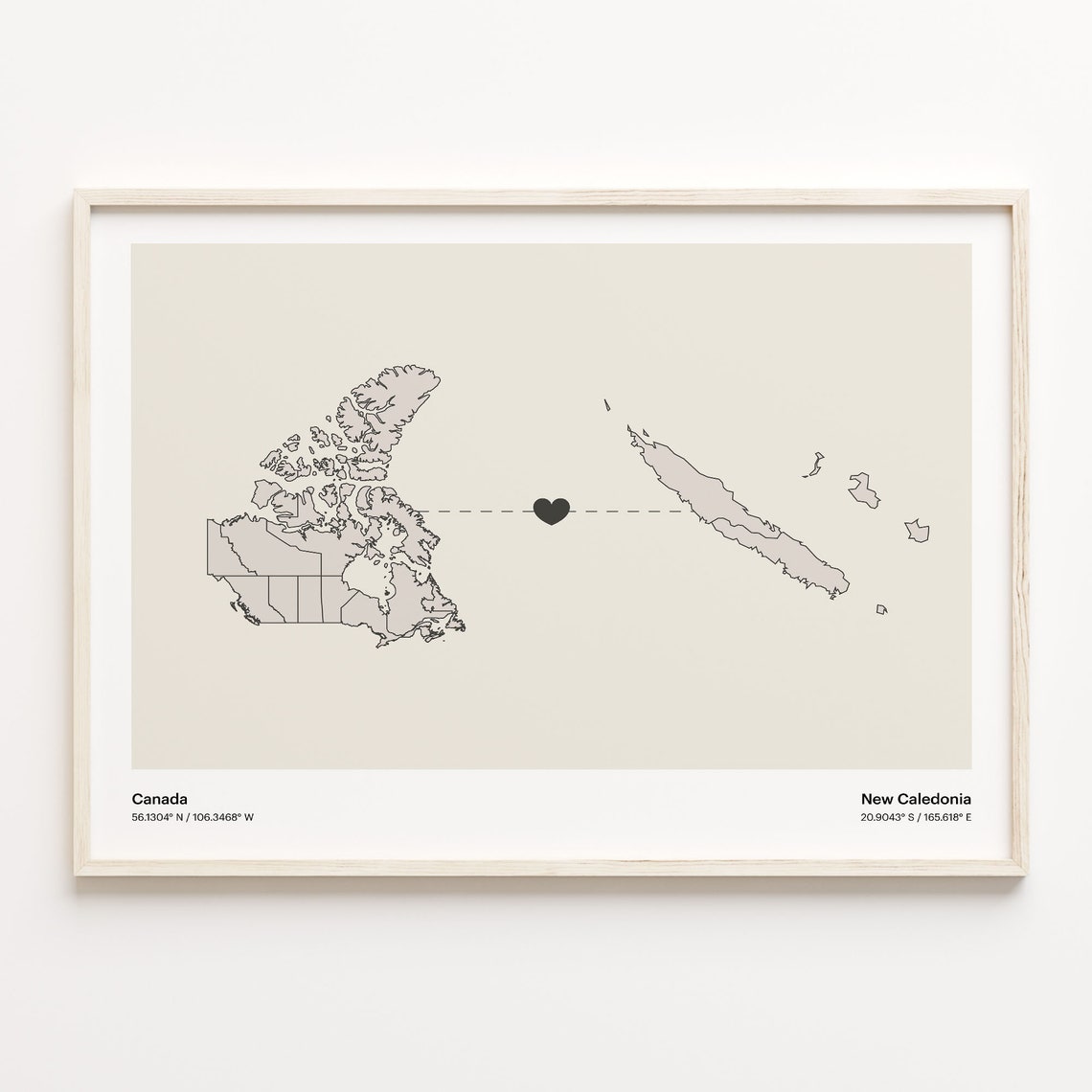 Canada To New Caledonia Heart Connection Minimalist Map Art Print