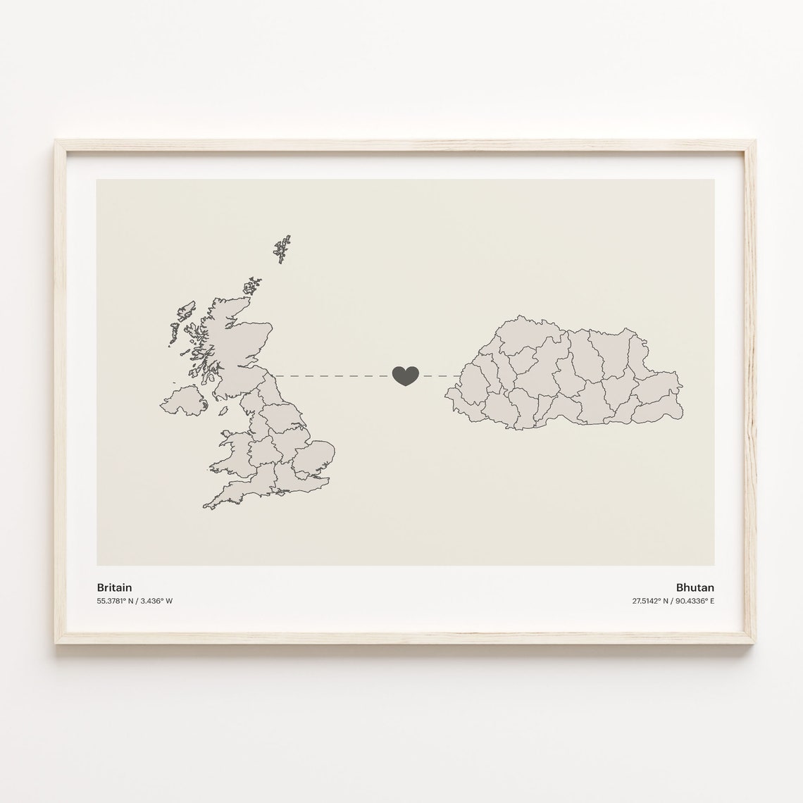 Britain To Bhutan Minimalist Long Distance Heart Connection Map Poster