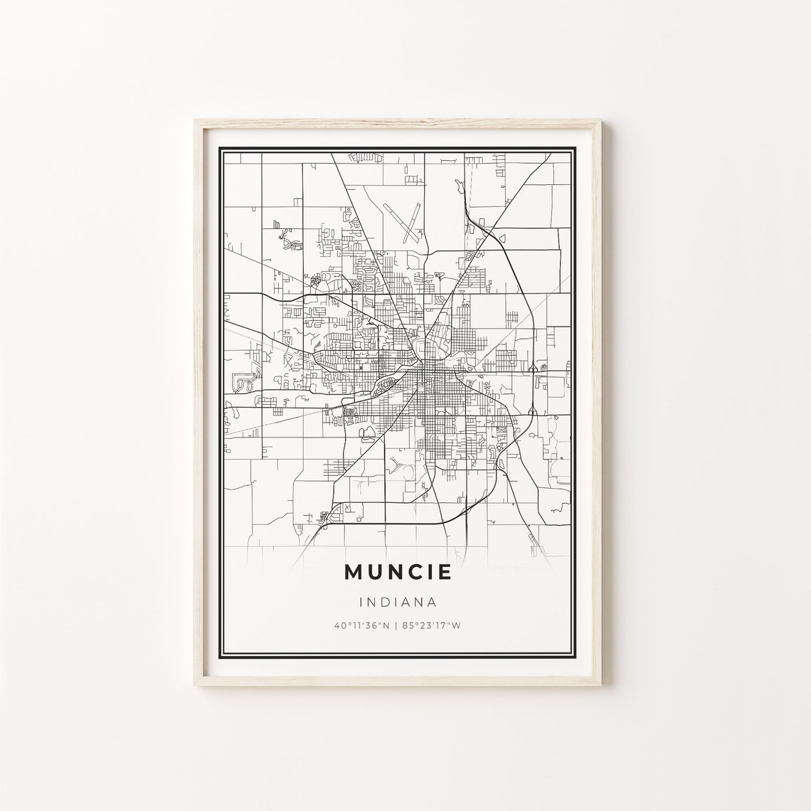 Muncie Indiana Minimalist Black And White City Map Art Poster