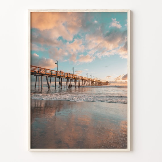Ocean Pier Sunset Waves Wooden Beach Reflection Coastal Photo Poster