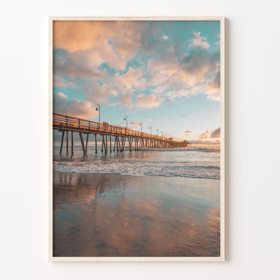 Ocean Pier Sunset Waves Wooden Beach Reflection Coastal Photo Poster