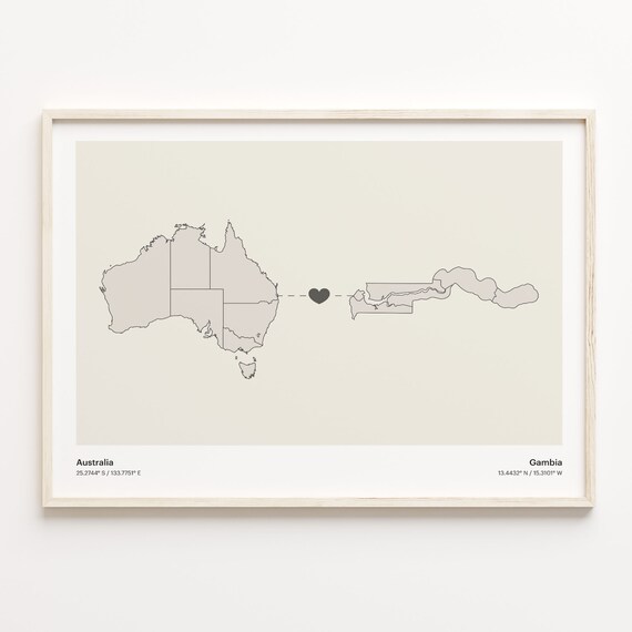 Australia and Gambia Long Distance Love Country Connection Map Poster
