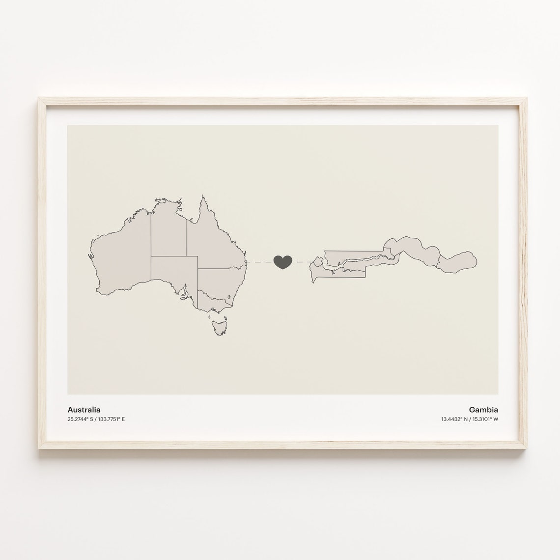 Australia and Gambia Long Distance Love Country Connection Map Poster