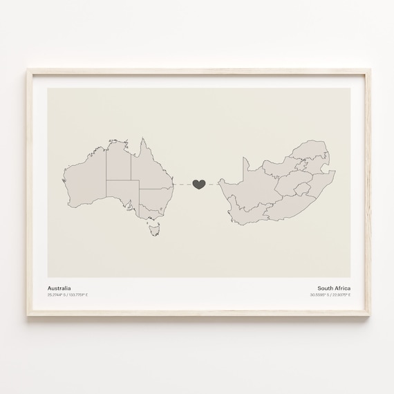 Australia South Africa Long Distance Heart Connection Map Poster
