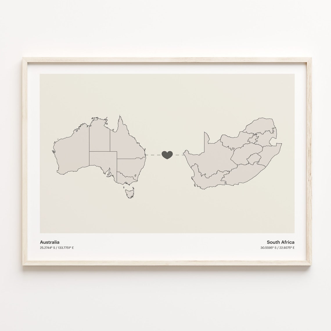 Australia South Africa Long Distance Heart Connection Map Poster