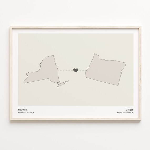 New York and Oregon Couple Long Distance Love Heart Map Poster