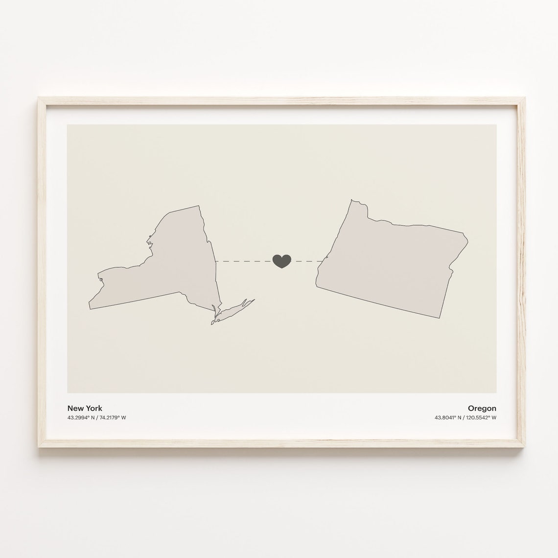 New York and Oregon Couple Long Distance Love Heart Map Poster