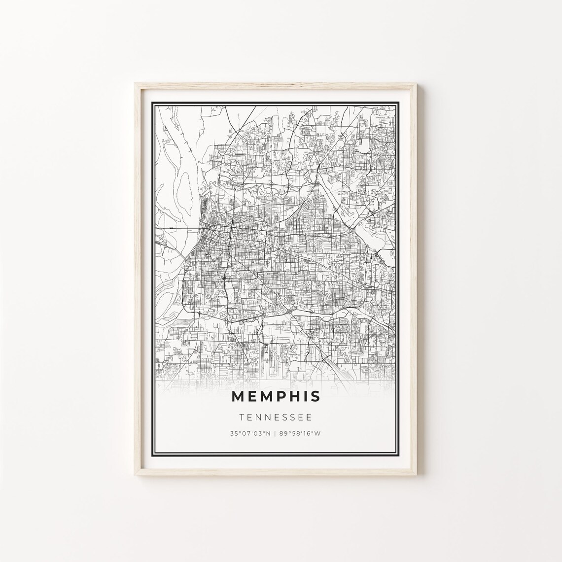 Memphis City Map Art Print, Modern Black and White