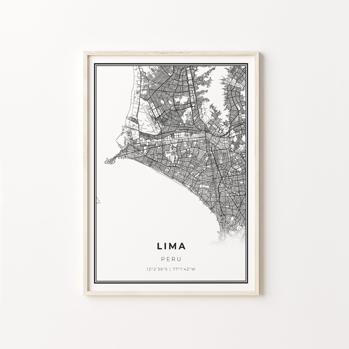 Lima City Map Art Print, Modern Black and White