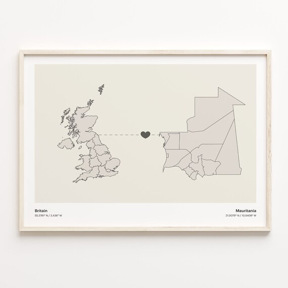 Britain To Mauritania Heart Connection Minimalist Map Art Print