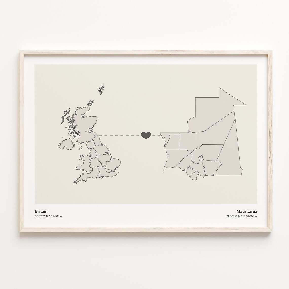 Britain To Mauritania Heart Connection Minimalist Map Art Print
