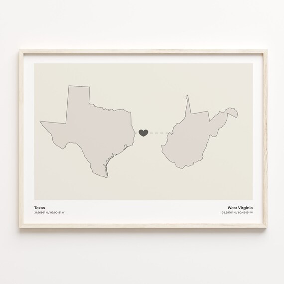 Texas To West Virginia Minimalist Heart Map Long Distance Love Poster