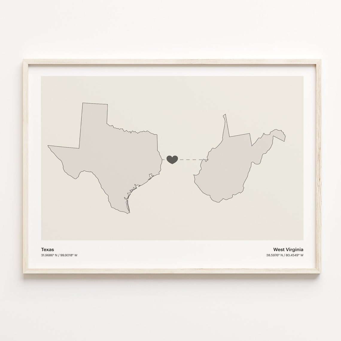 Texas To West Virginia Minimalist Heart Map Long Distance Love Poster