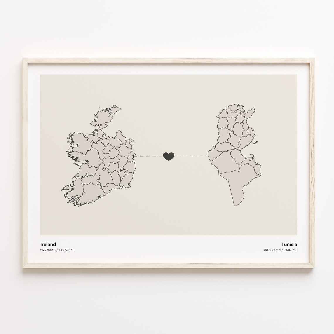 Ireland to Tunisia Minimalist Heart Connection Love Map Poster