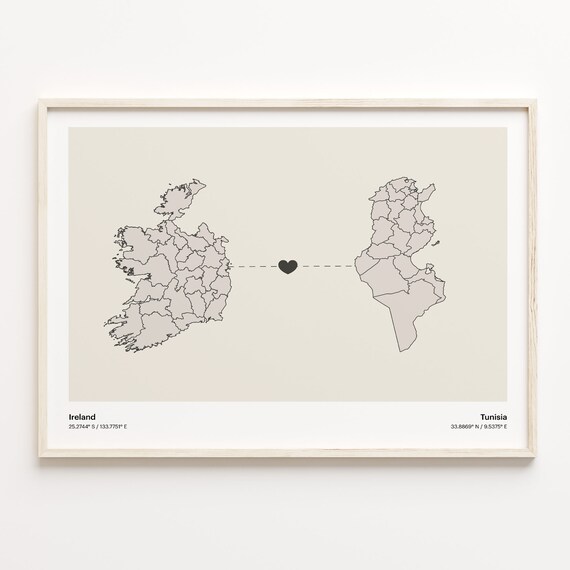 Ireland to Tunisia Minimalist Heart Connection Love Map Poster