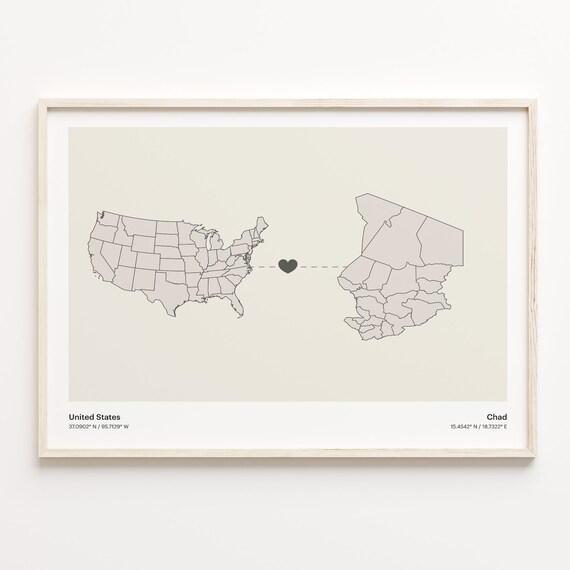 United States to Chad Long Distance Heart Map Connection Poster