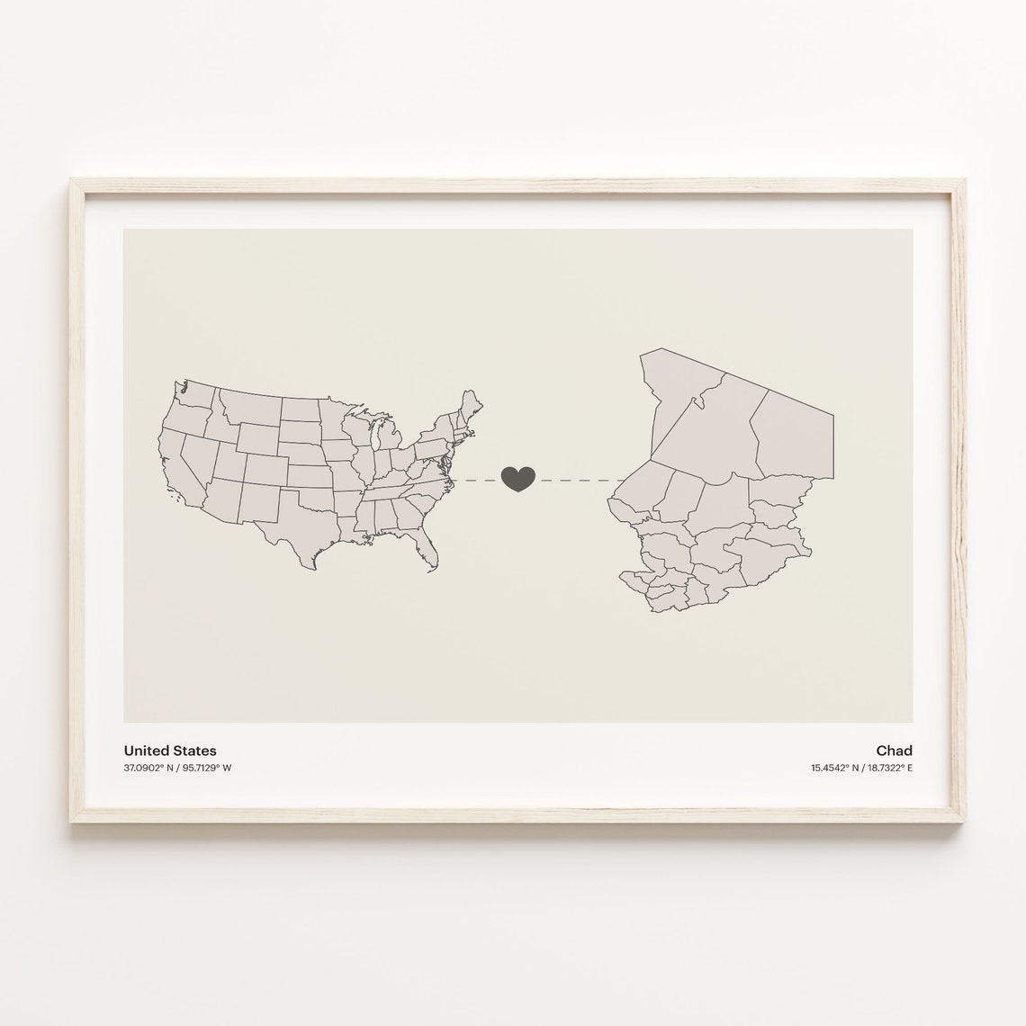 United States to Chad Long Distance Heart Map Connection Poster