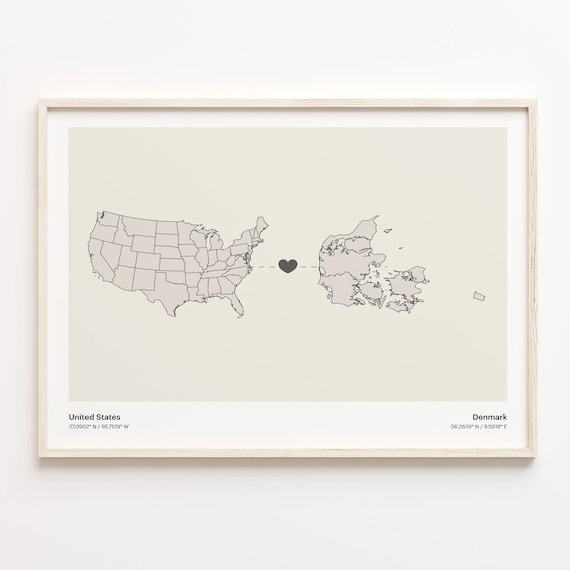 United States Denmark Long Distance Heart Minimalist Map Poster