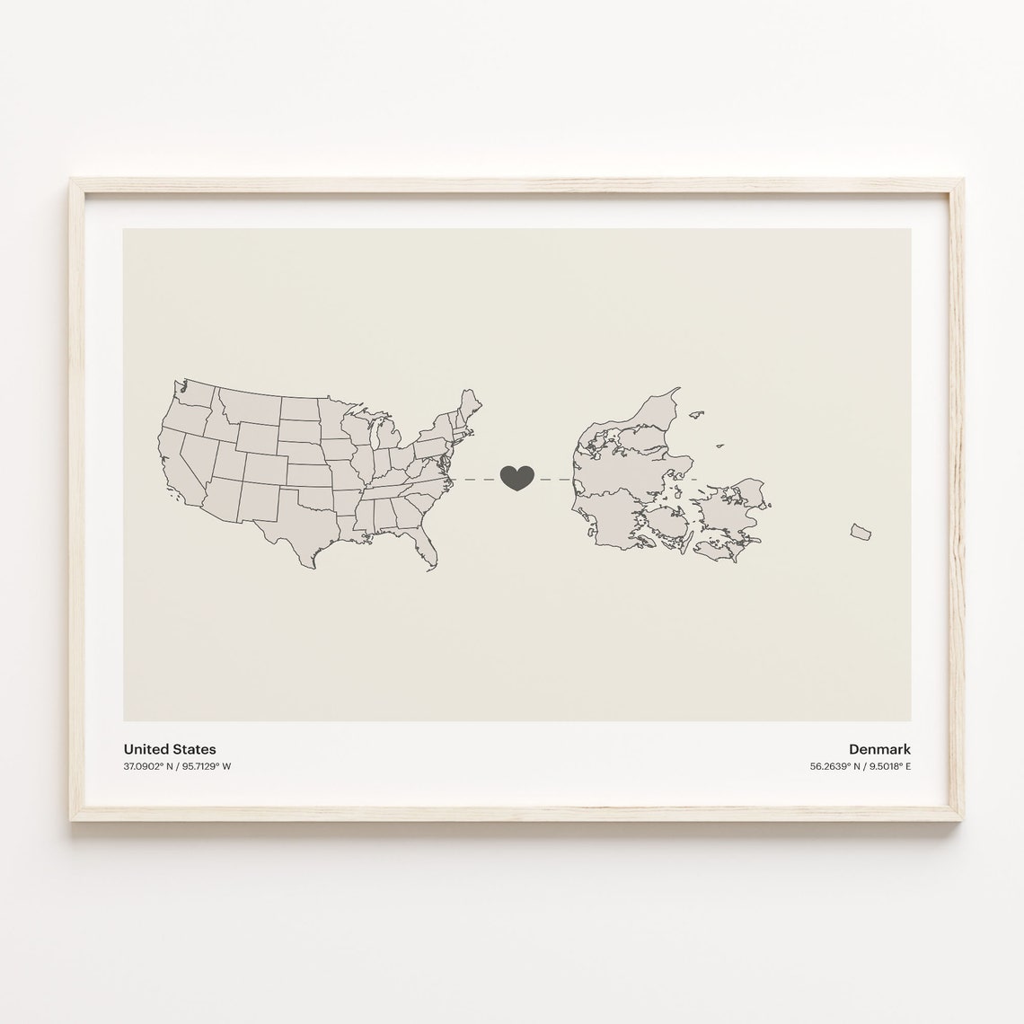 United States Denmark Long Distance Heart Minimalist Map Poster