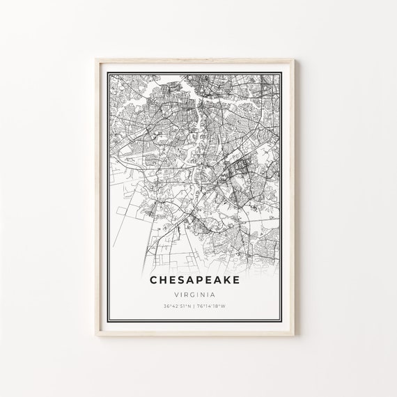 Chesapeake City Map Art Print, Black and White Style