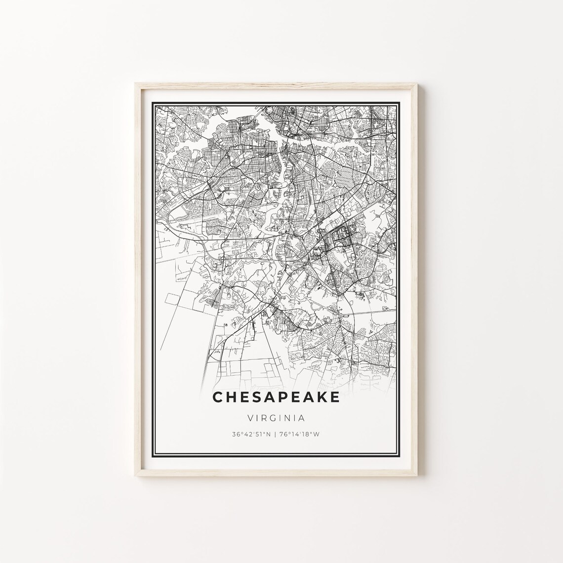 Chesapeake City Map Art Print, Black and White Style