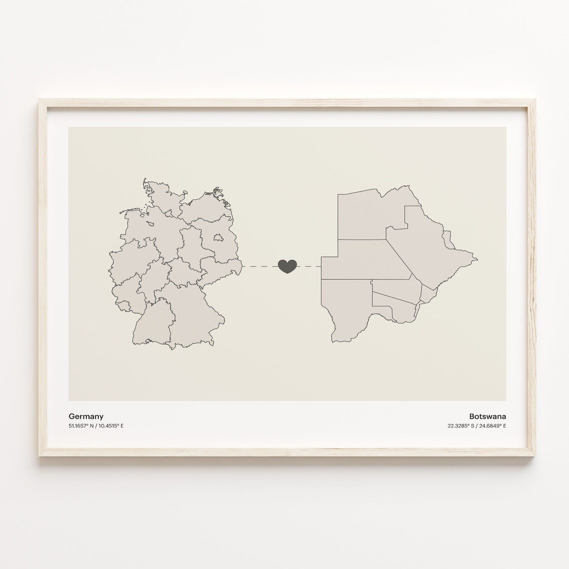 Germany Botswana Long Distance Heart Connection Map Gift Poster