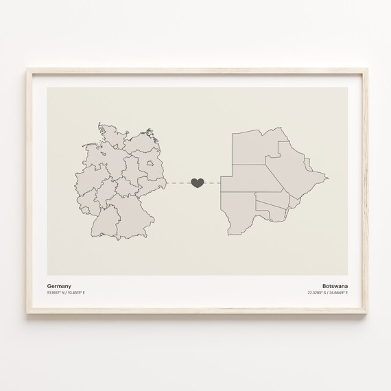 Germany Botswana Long Distance Heart Connection Map Gift Poster