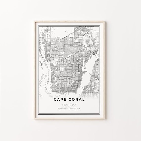 Cape Coral Print City Map Art Poster Florida Fl Usa Wall Decor Modern Black And White Style Travel C13309