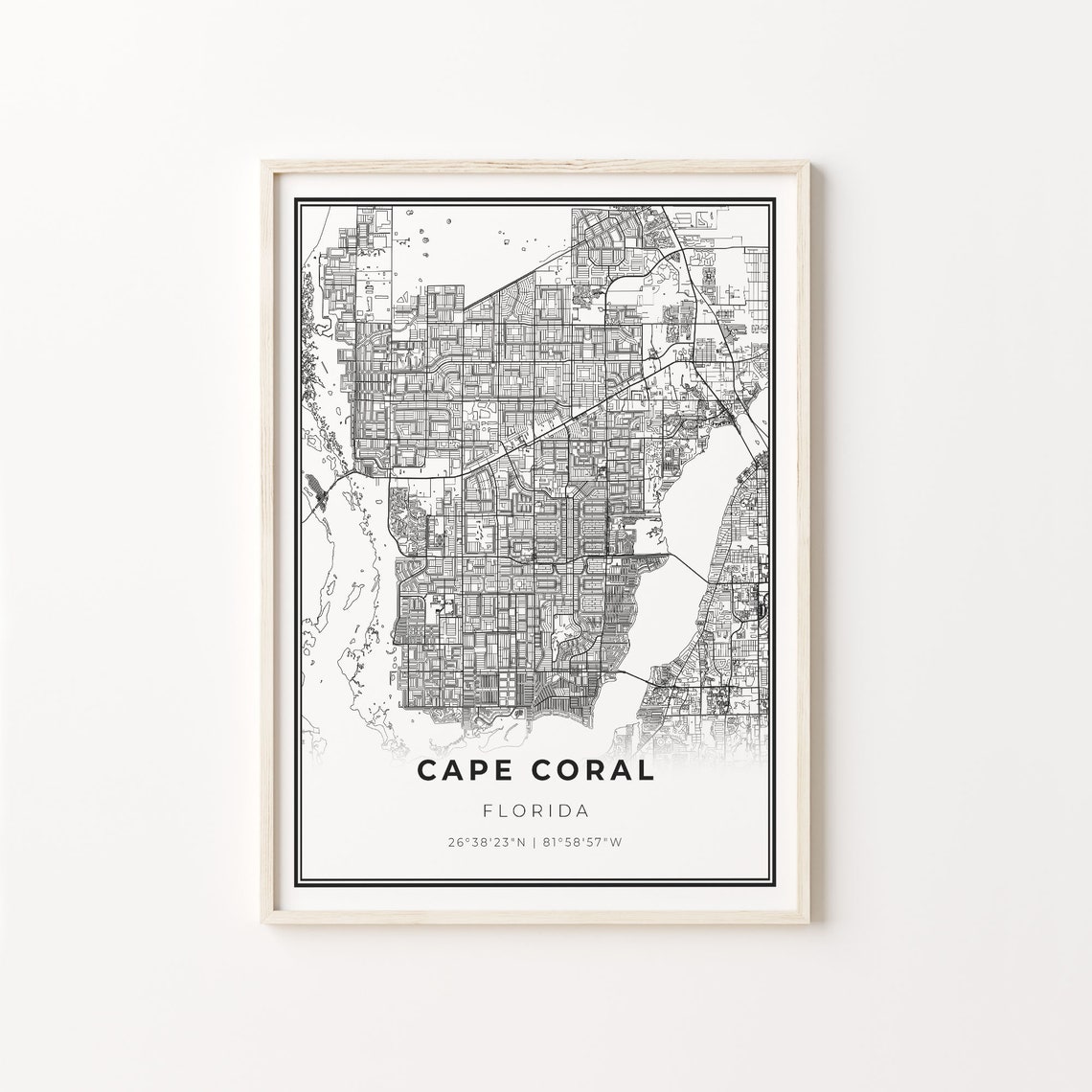 Cape Coral Florida City Map Minimalist Black and White Art Poster
