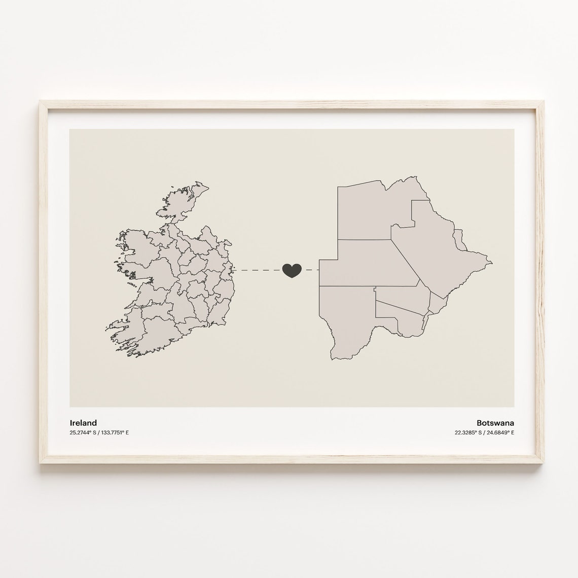 Ireland To Botswana Minimalist Heart Long Distance Connection Poster