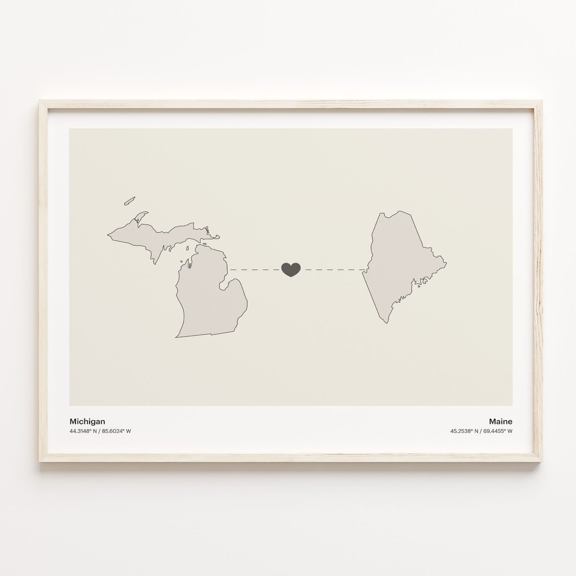 Michigan to Maine Minimalist Long Distance Connection Map Poster