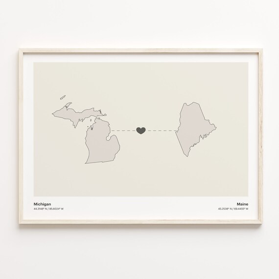 Michigan to Maine Minimalist Long Distance Connection Map Poster