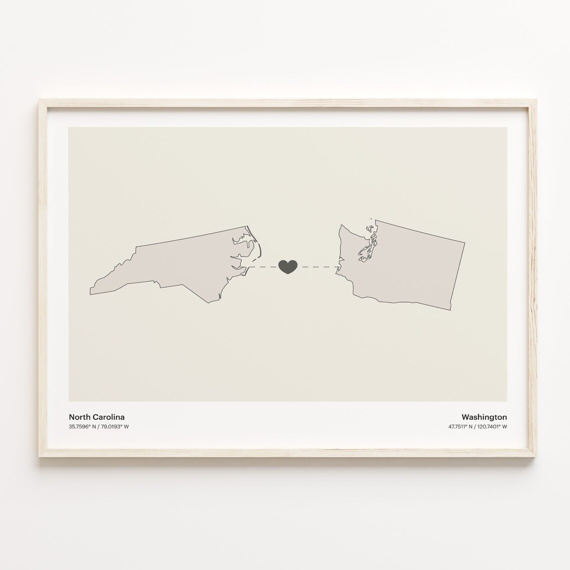 North Carolina And Washington Long Distance Love Minimalist Heart Map Poster