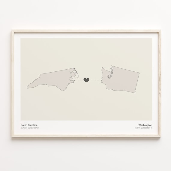 North Carolina And Washington Long Distance Love Minimalist Heart Map Poster