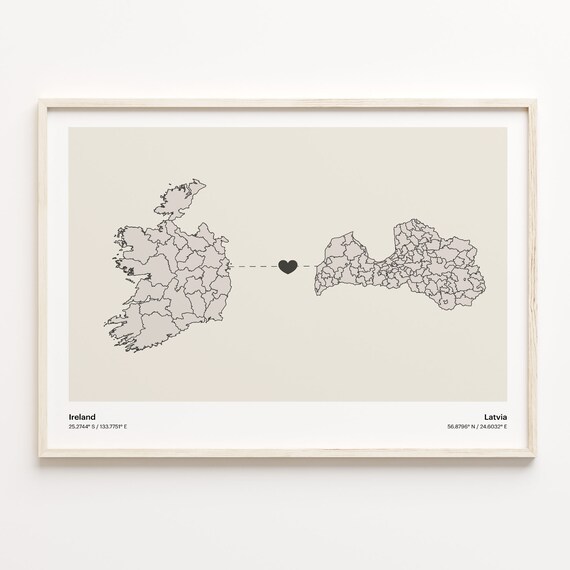 Ireland Latvia Minimalist Long Distance Love Heart Map Poster
