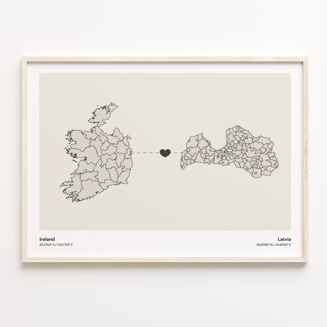 Ireland Latvia Minimalist Long Distance Love Heart Map Poster
