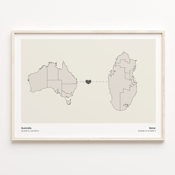 Australia To Qatar Long Distance Heart Map Couple Gift Poster