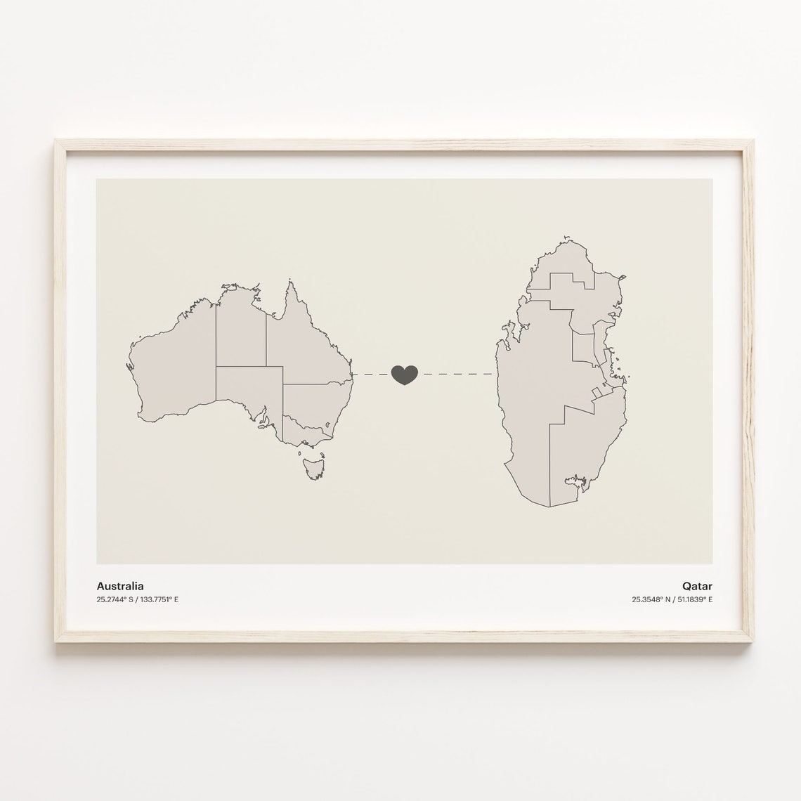 Australia To Qatar Long Distance Heart Map Couple Gift Poster