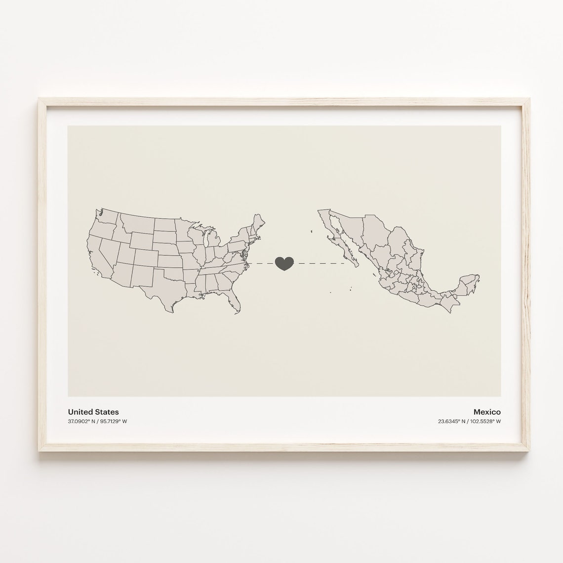 United States To Mexico Minimalist Heart Map Connection Gift Poster