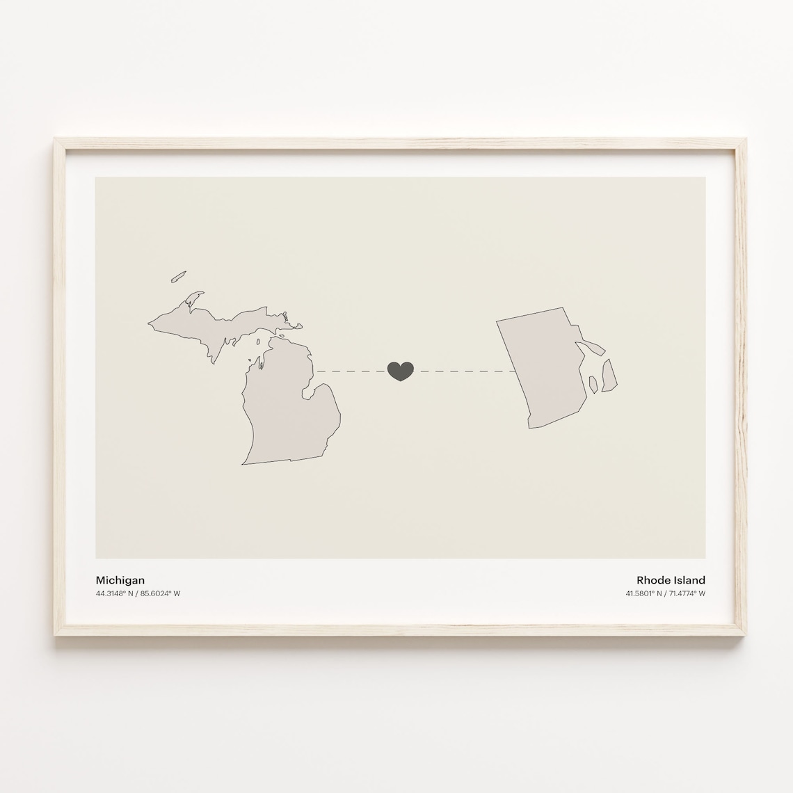 Michigan to Rhode Island Minimalist Long Distance Connection Map Poster